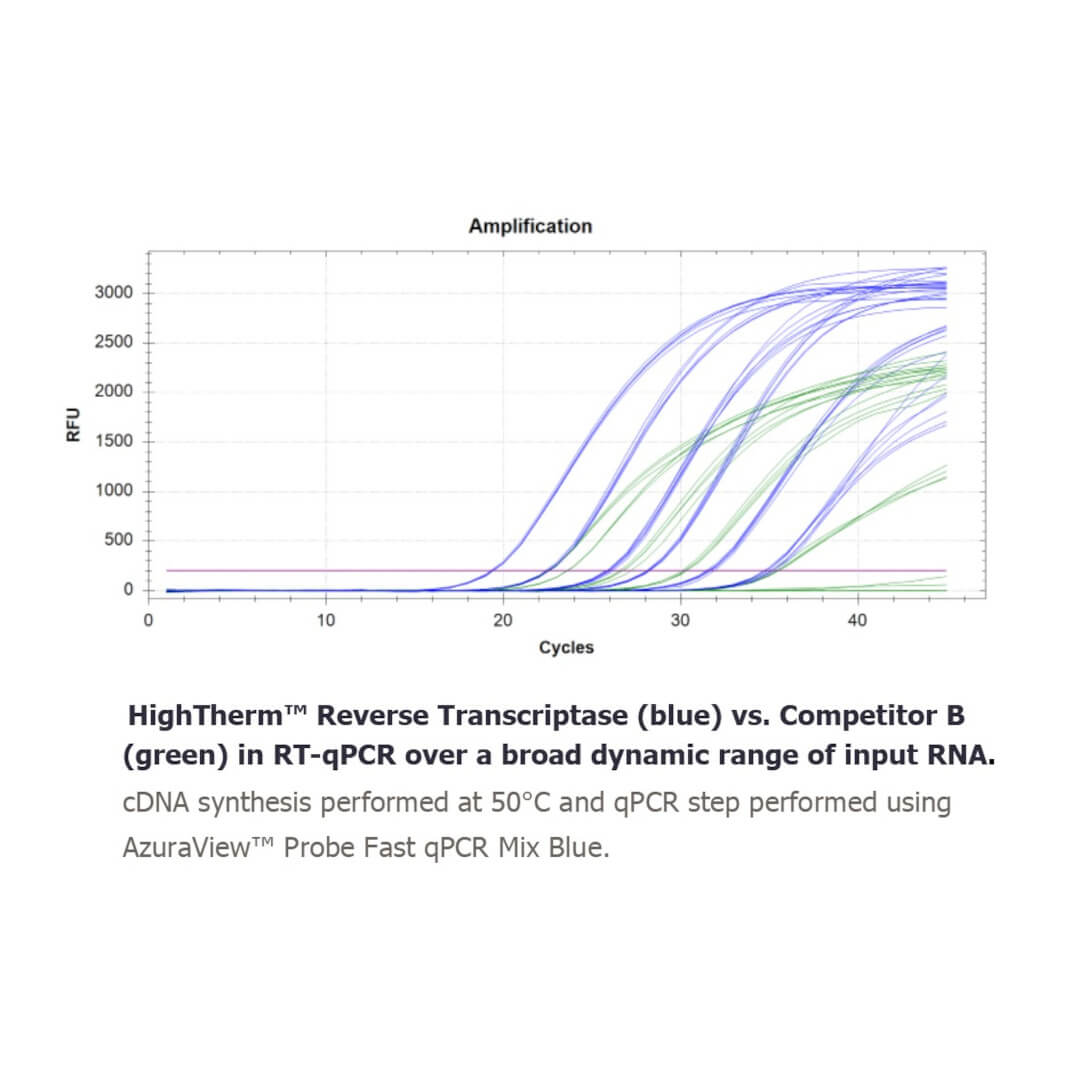 Data on a graph showing amplification of HighTherm Reverse Transcriptase over a broad dynamic range of input RNA.